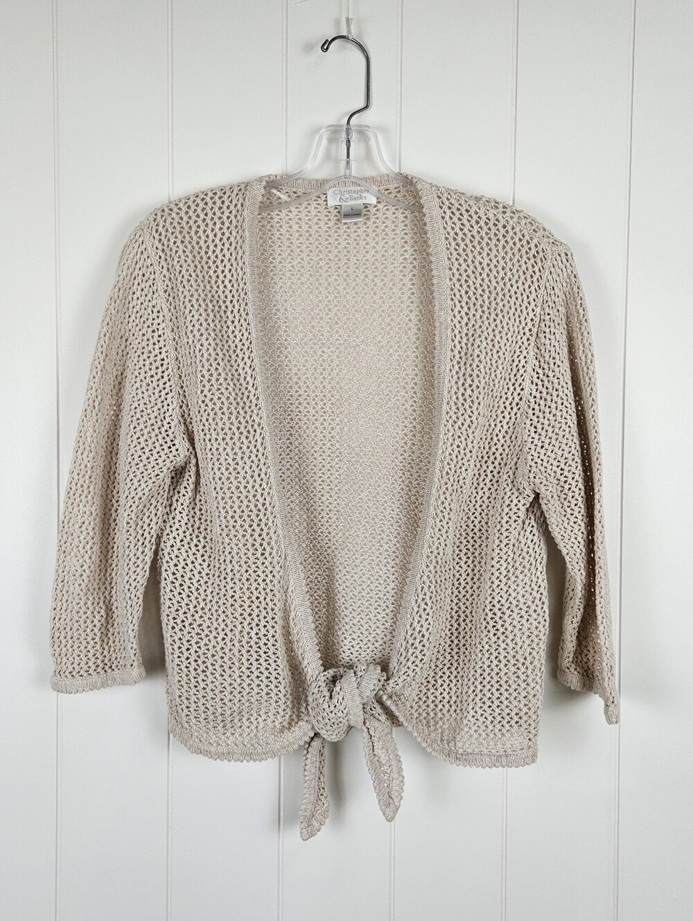 90s Vintage Open Knit Cardigan Crochet Beige Womens Large Butter Mom 3/4 Sleeve